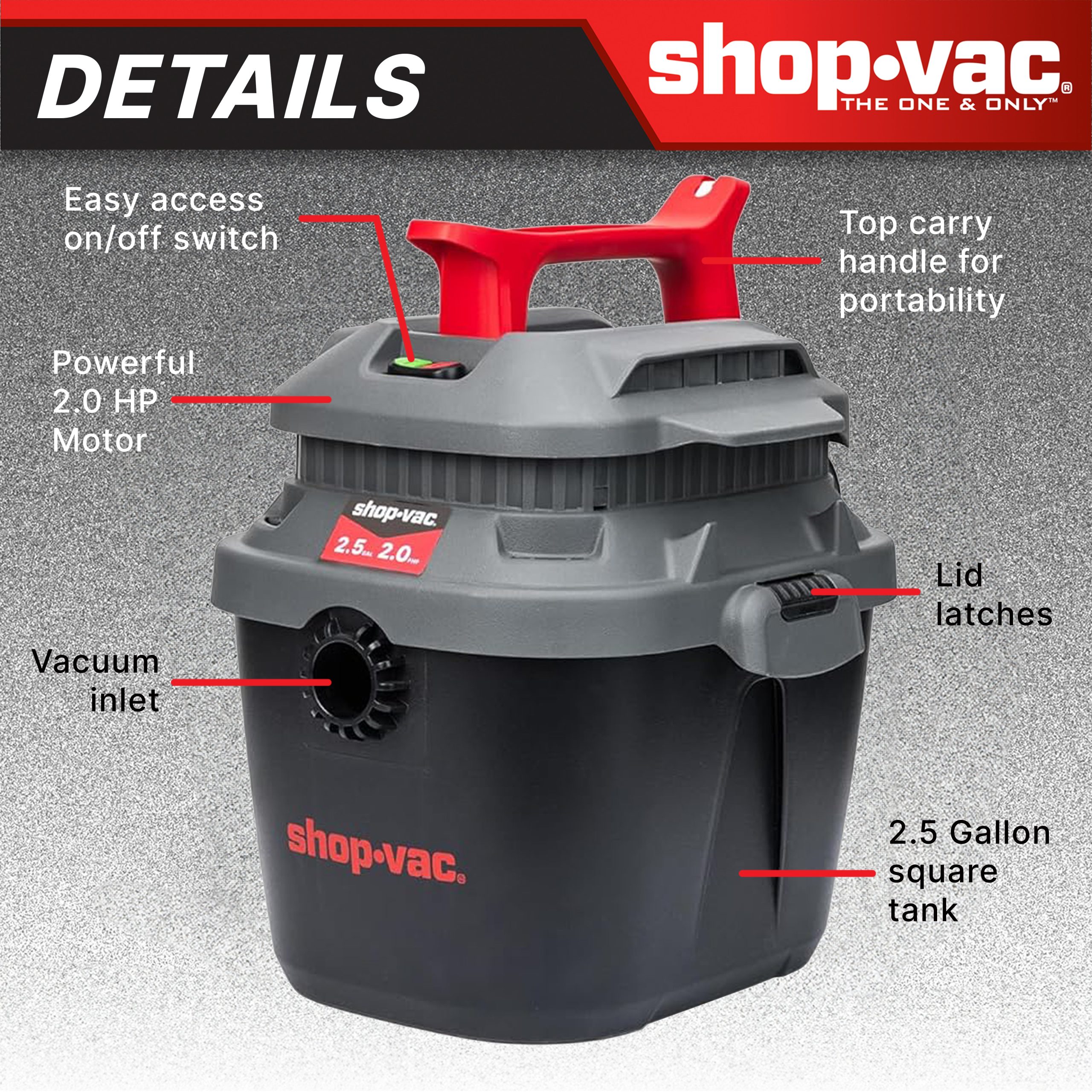 Shop-Vac® 2.5 Gallon 2.0 Peak HP Square Wet/Dry Vacuum - Image 5
