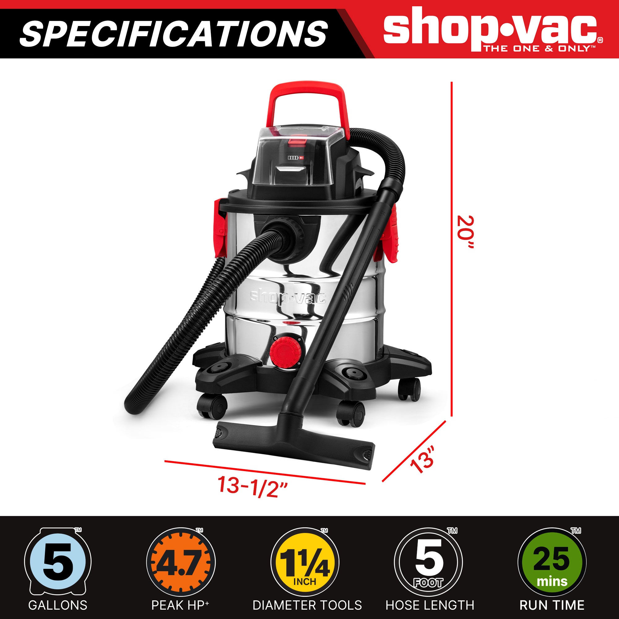 Shop-Vac® 5 Gallon 4.7 Peak HP Stainless Steel Cordless Wet/Dry Vacuum - Image 2