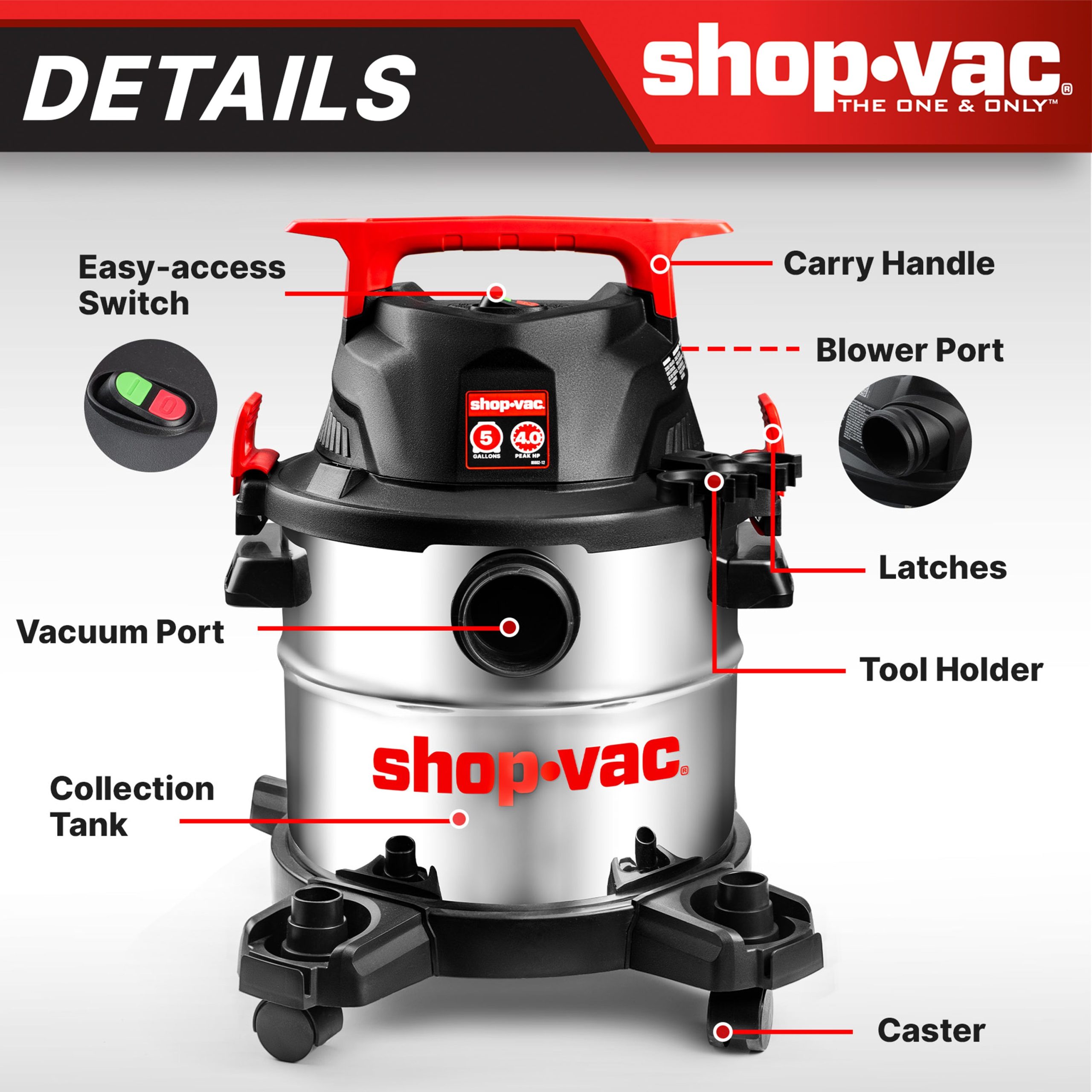 Shop-Vac® 5 Gallon 4 Peak HP Stainless Steel Wet/Dry Vacuum - Image 4