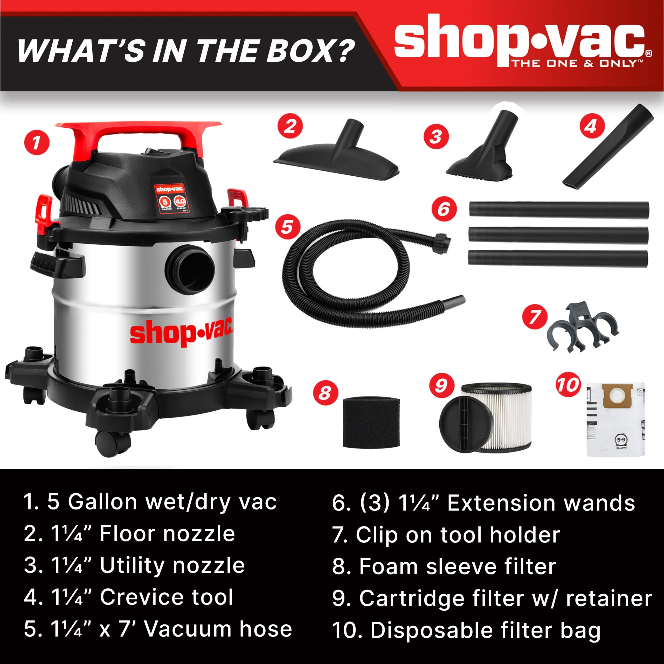 Shop-Vac® 5 Gallon 4 Peak HP Stainless Steel Wet/Dry Vacuum - Image 2