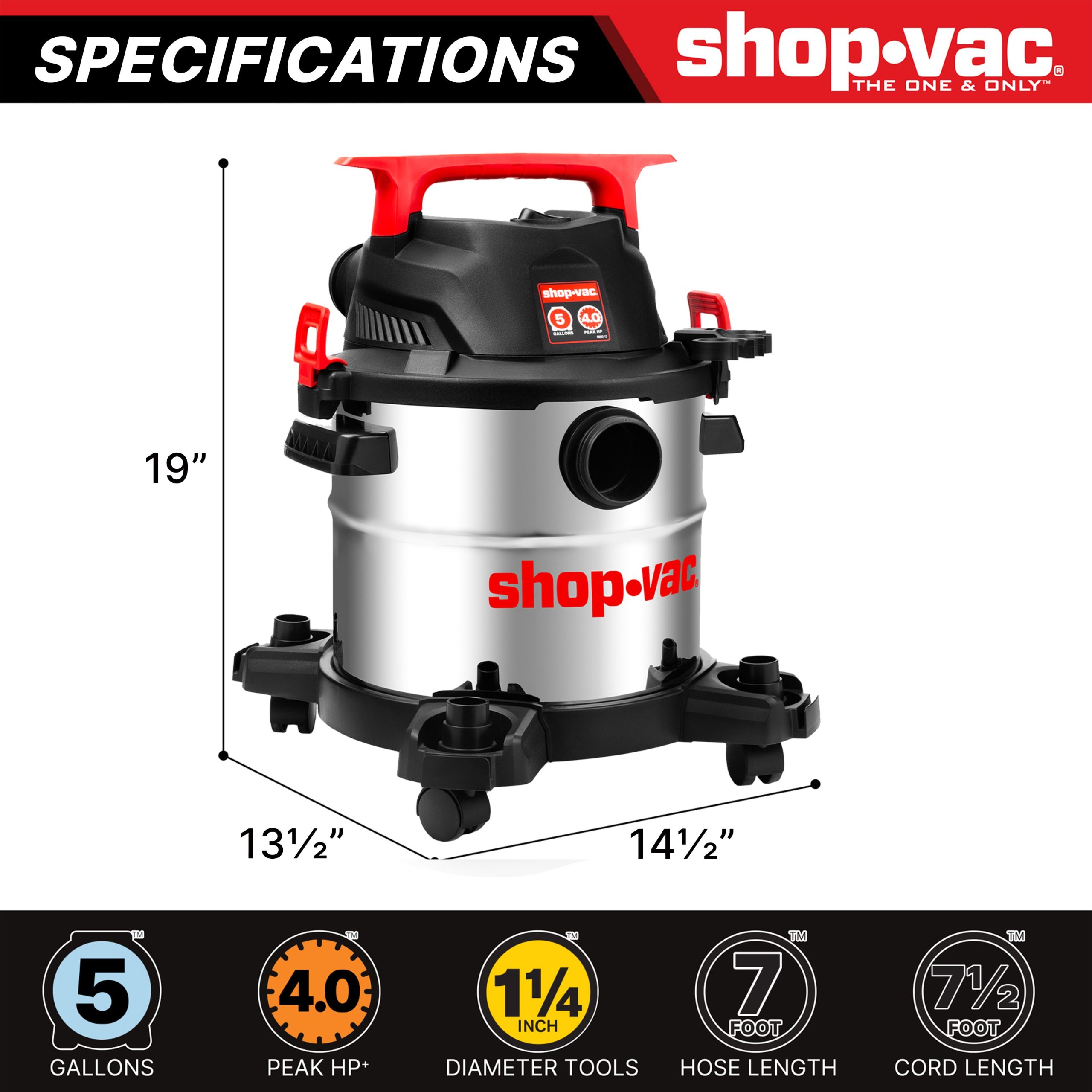 Shop-Vac® 5 Gallon 4 Peak HP Stainless Steel Wet/Dry Vacuum - Image 3