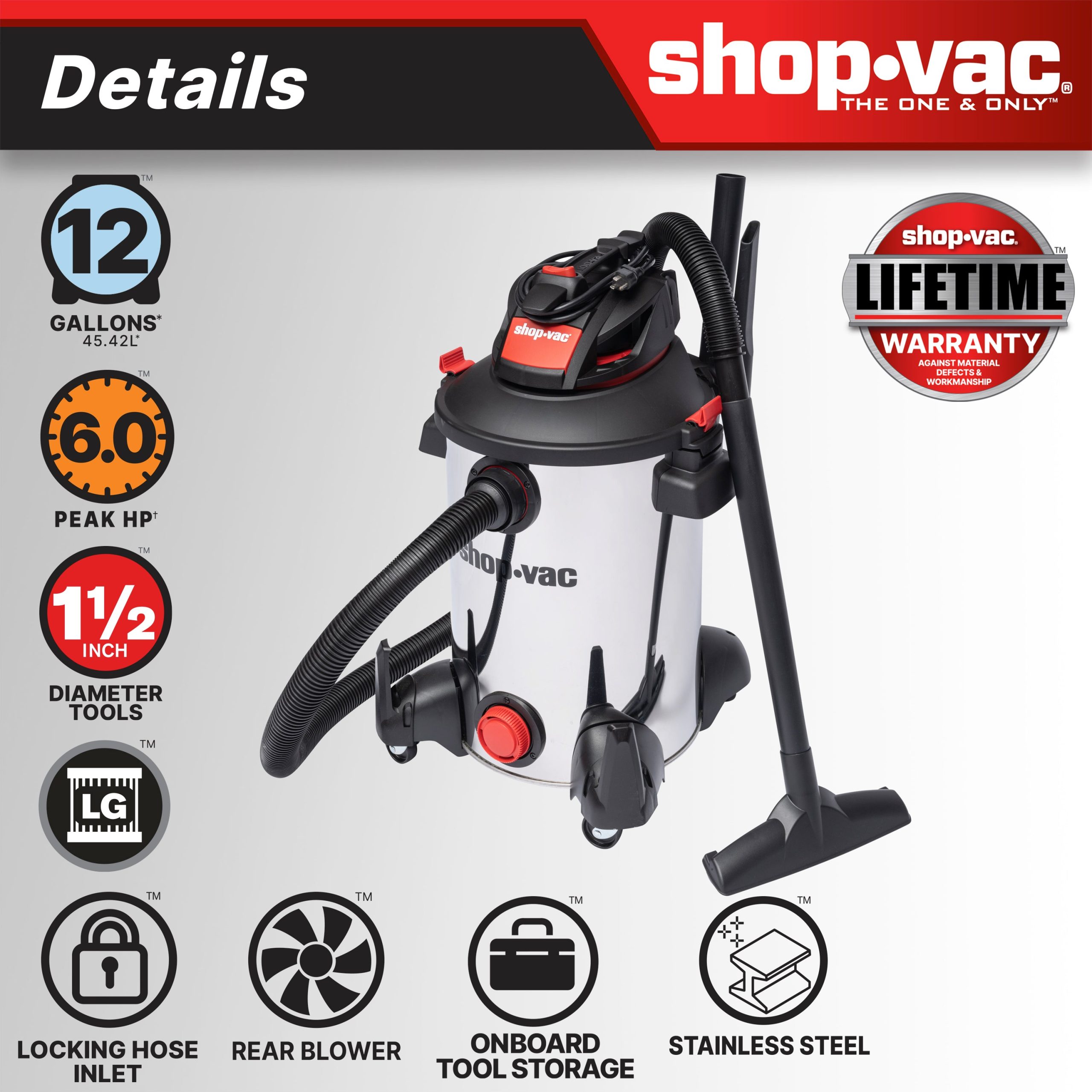 The Shop-Vac® 12 Gallon* 6.0 Peak HP** Stainless Steel Wet/Dry Vacuum - Image 3