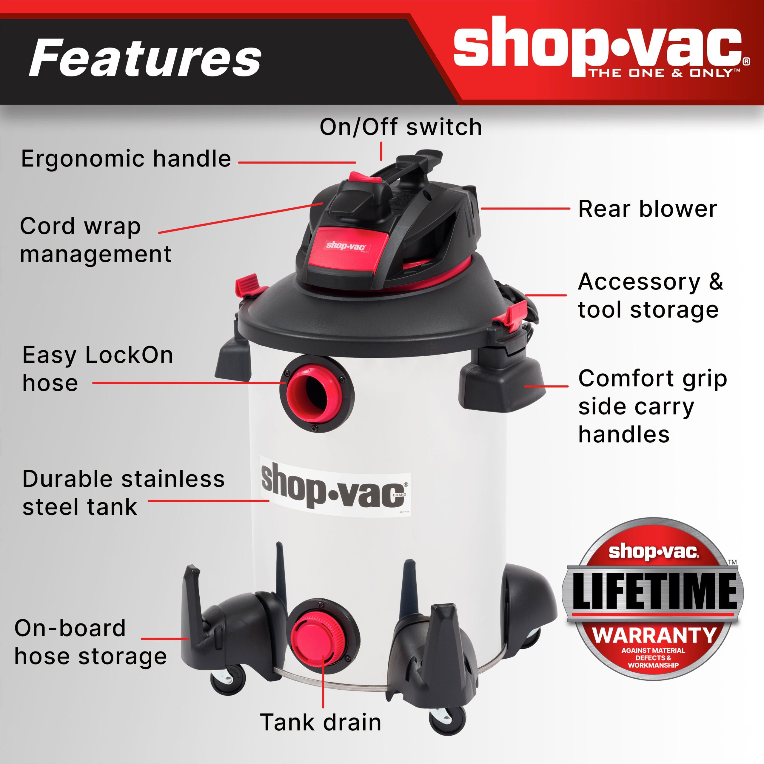 The Shop-Vac® 12 Gallon* 6.0 Peak HP** Stainless Steel Wet/Dry Vacuum - Image 2